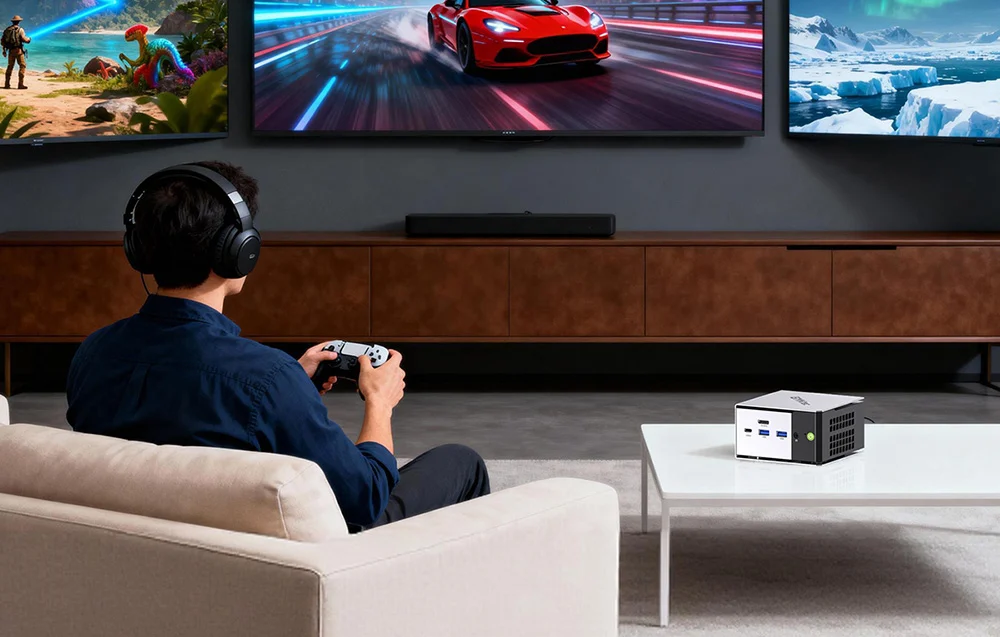 A man wearing headphones playing on a gamepad in front of three monitors, next to which a compact GMKtec computer stands on a table.