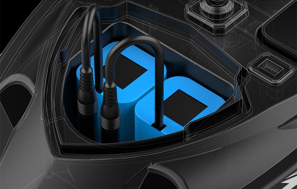 Cross-section of bait boat with blue antennas inside hull on black background with technical drawing