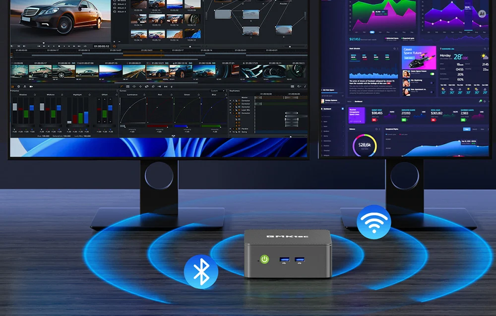 The GMKtec Mini PC connected to two monitors displaying program interfaces; Bluetooth and WiFi icons are visible.