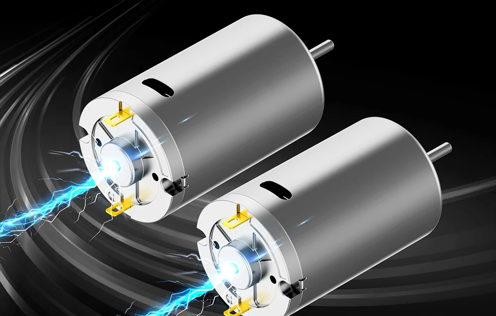 Two silver electric motors with blue power flashes and yellow contacts on black background