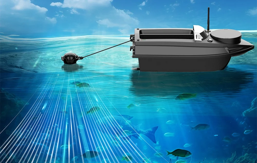 Graphic of a bait boat with a fish finder on turquoise water, showing an underwater scan and fish