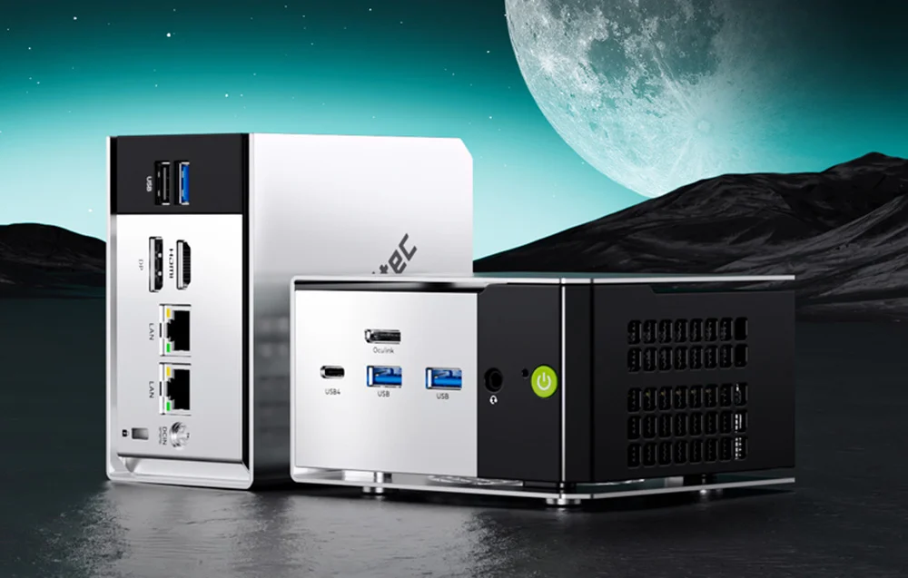 Two mini PCs presented against a futuristic backdrop of the moon's surface under the night sky.