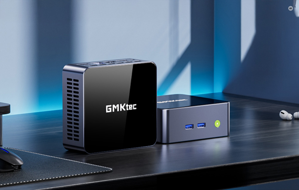 Two GMKtec mini PCs on a dark countertop—one positioned vertically, the other horizontally.
