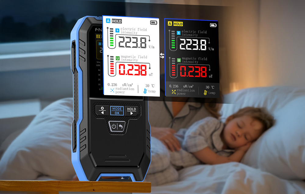 The electromagnetic radiation detector monitors the field levels in a child's bedroom.
