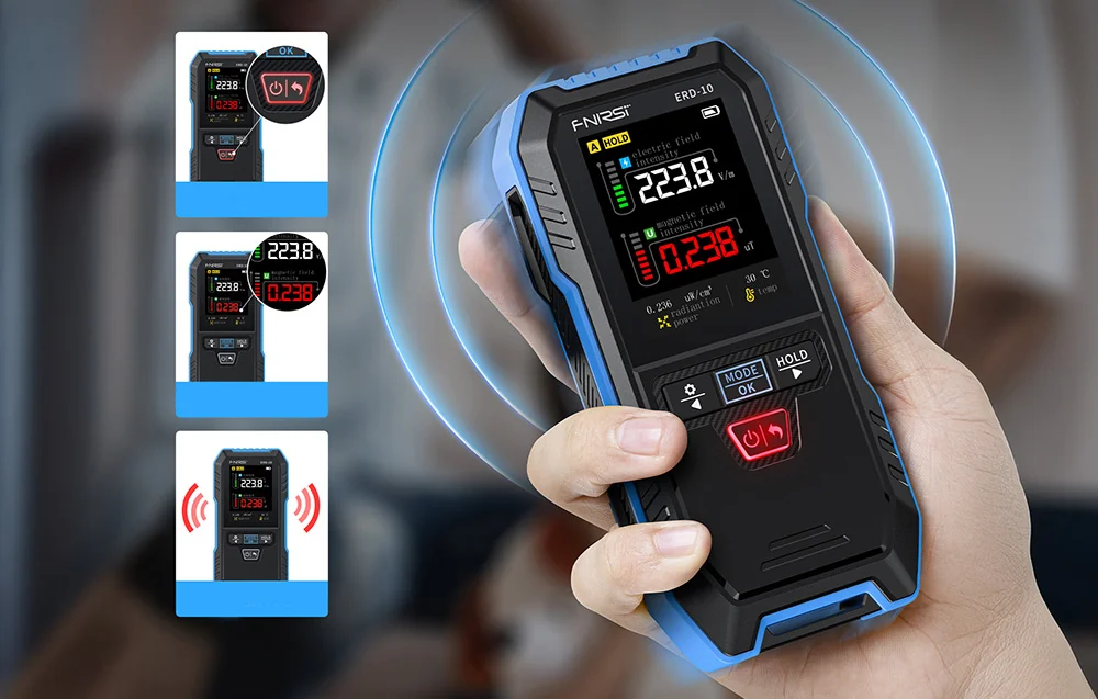 The electromagnetic radiation detector signals when standards are exceeded with an alarm.