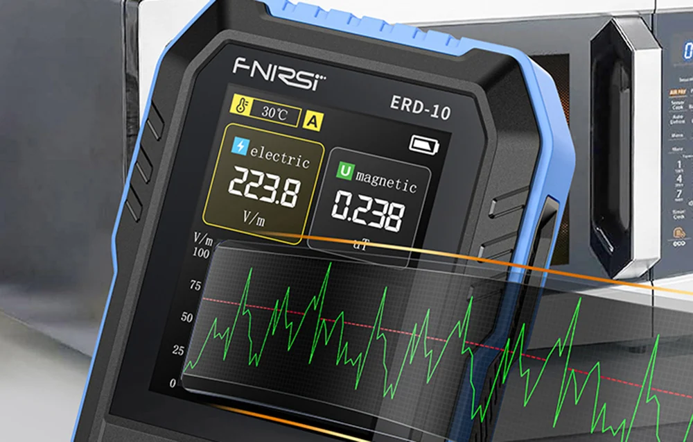 The electromagnetic radiation detector shows changes in values on a graph.