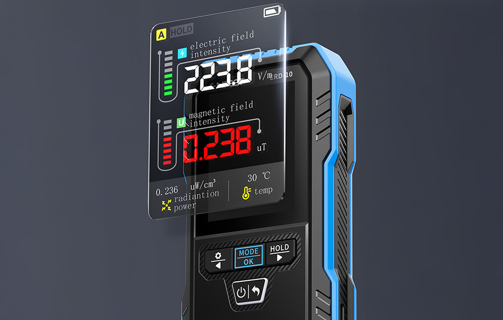 The electromagnetic radiation detector has a clear color screen.