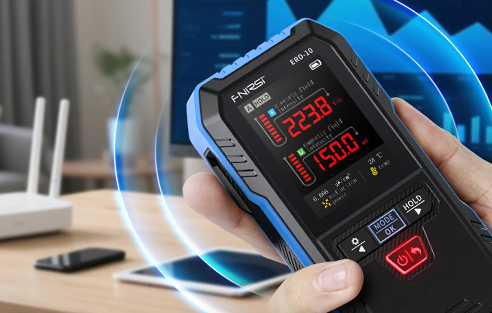 The electromagnetic radiation detector measures radiation from household appliances.