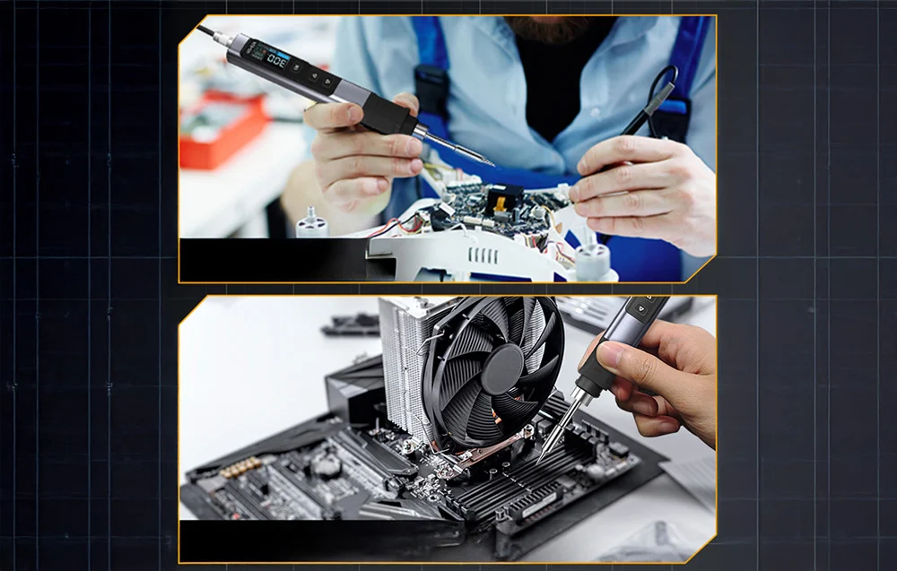 FNIRSI soldering irons in use during electronics repair.