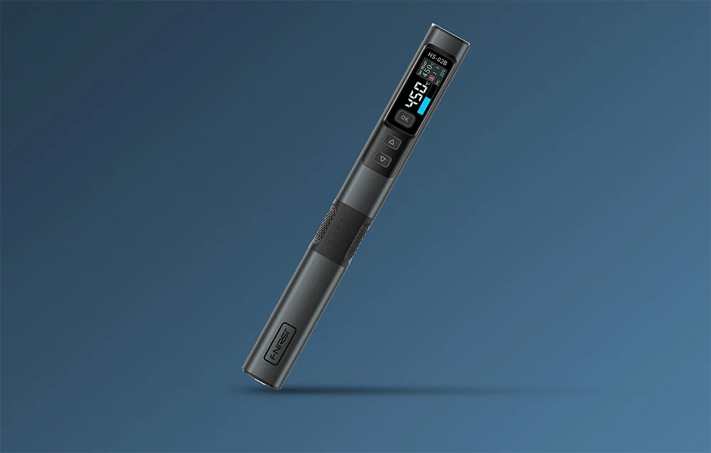 Dark gray FNIRSI soldering iron on a blue background.