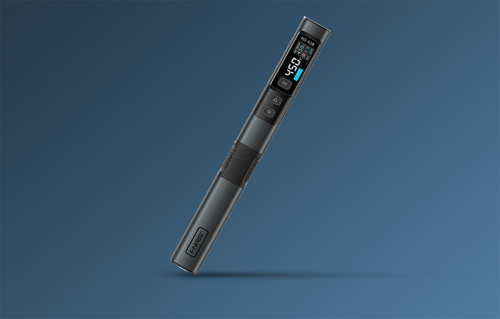 A dark gray FNIRSI soldering iron against a blue background.