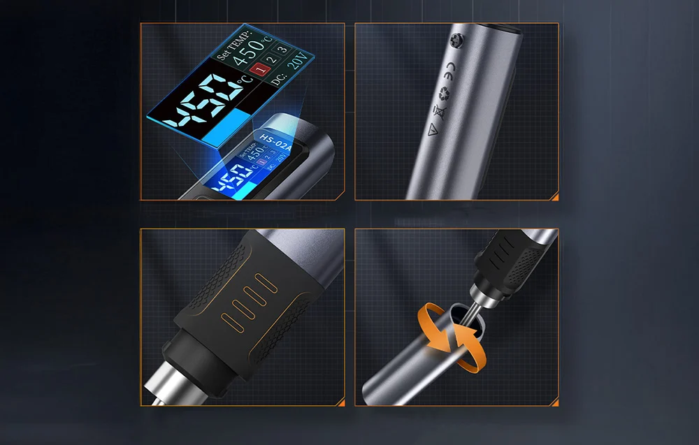 Close-ups of the FNIRSI soldering iron’s details: display, handle, and tip-holding mechanism.