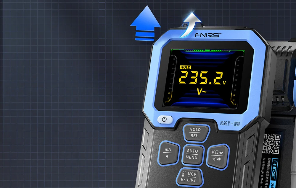 Digital multimeter displaying a voltage measurement of 235.2V on a color screen with an active freeze frame function