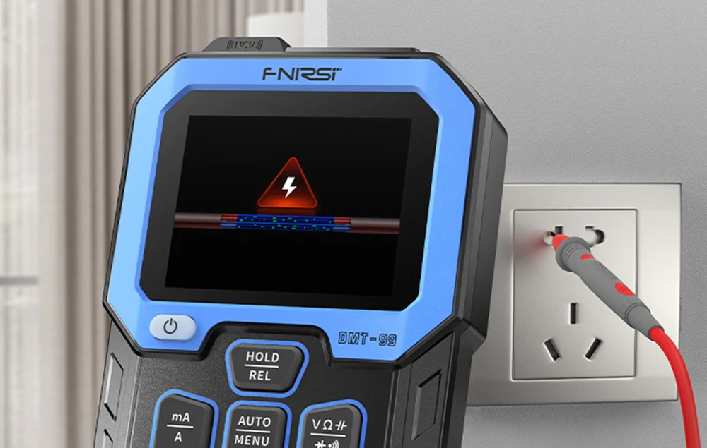 Multimeter in phase wire detection mode with red warning on the screen at an electrical outlet