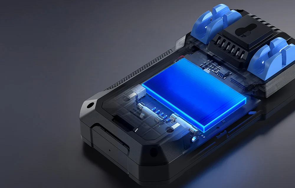 Cross-section of the multimeter showing the built-in lithium battery illuminated in blue