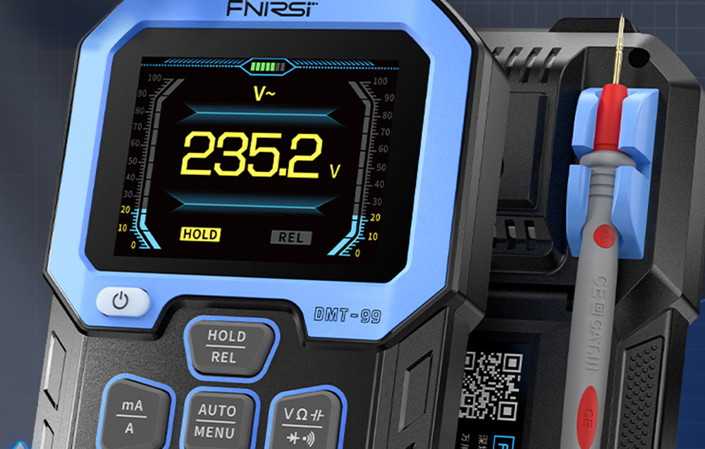 Smart multimeter with a retractable support leg and a screwdriver lying next to it on a dark background