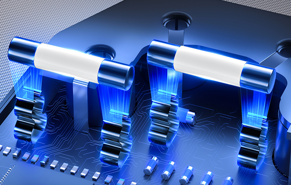 3D graphic showing the internal fuses of the device with white bodies above the electronic board