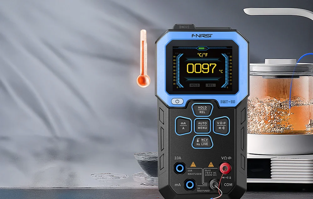 Multimeter measuring temperature while heating water in a glass vessel with thermometer visualization