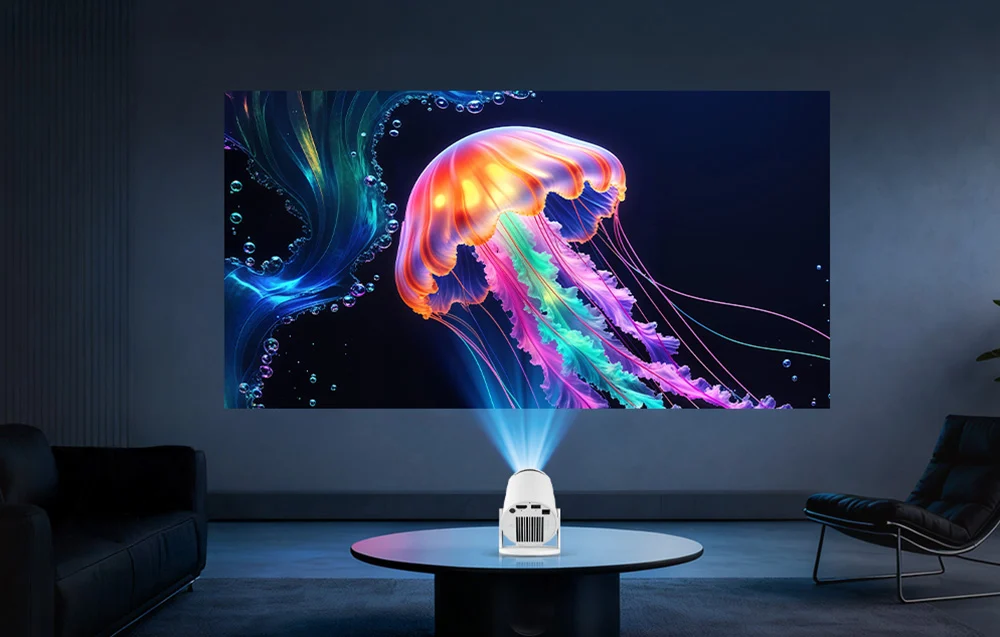 A white, cylindrical projector placed on a table in a dark living room displays a colorful image of a jellyfish on the wall