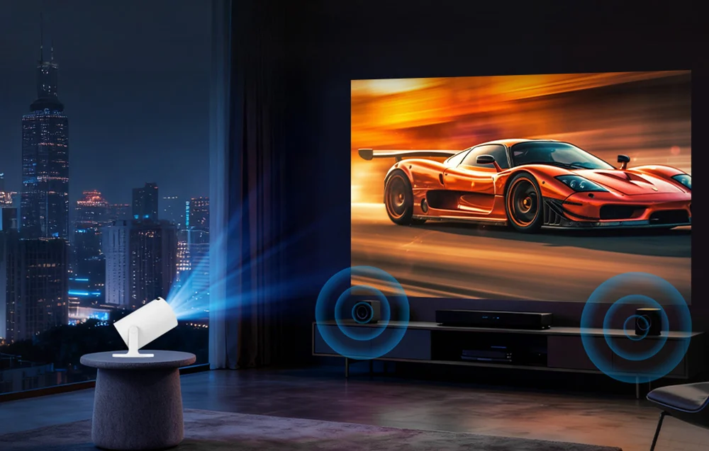 In a modern apartment overlooking the city’s nighttime skyline, a projector displays a dynamic image of an orange race car on the wall