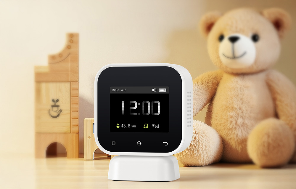 Air quality monitor in clock mode in a child's room next to a teddy bear.