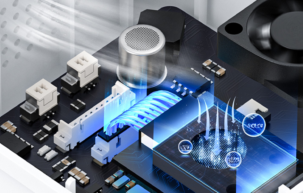 The interior of the air quality monitor with advanced sensors on the electronic board.