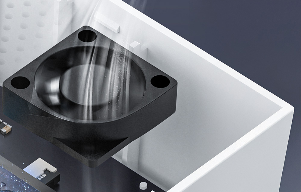 Close-up of the internal fan of the air quality monitor.