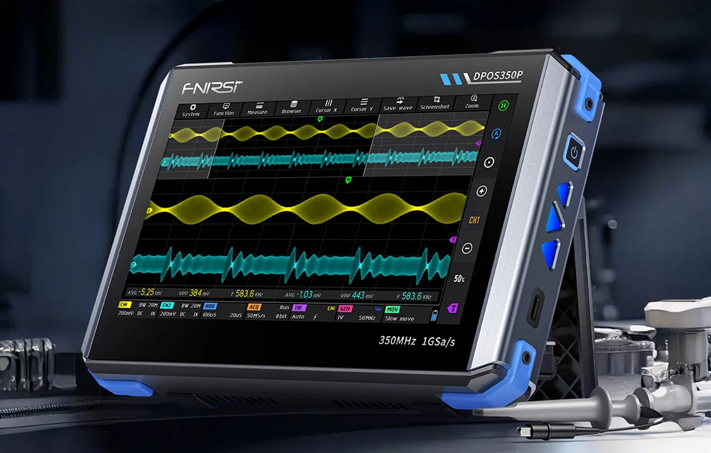 Digital oscilloscope with a color signal display on a desk.