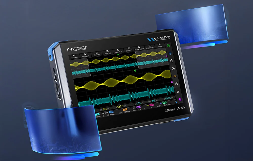 Digital oscilloscope in midair with dynamic graphical effects.