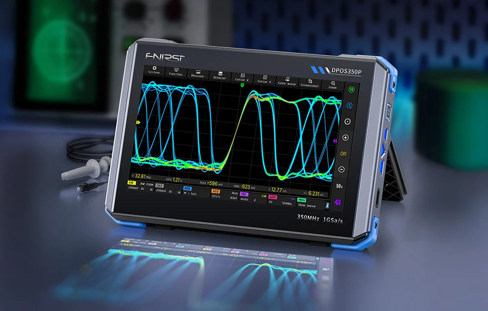 Benchtop digital oscilloscope with blue waveforms displayed.