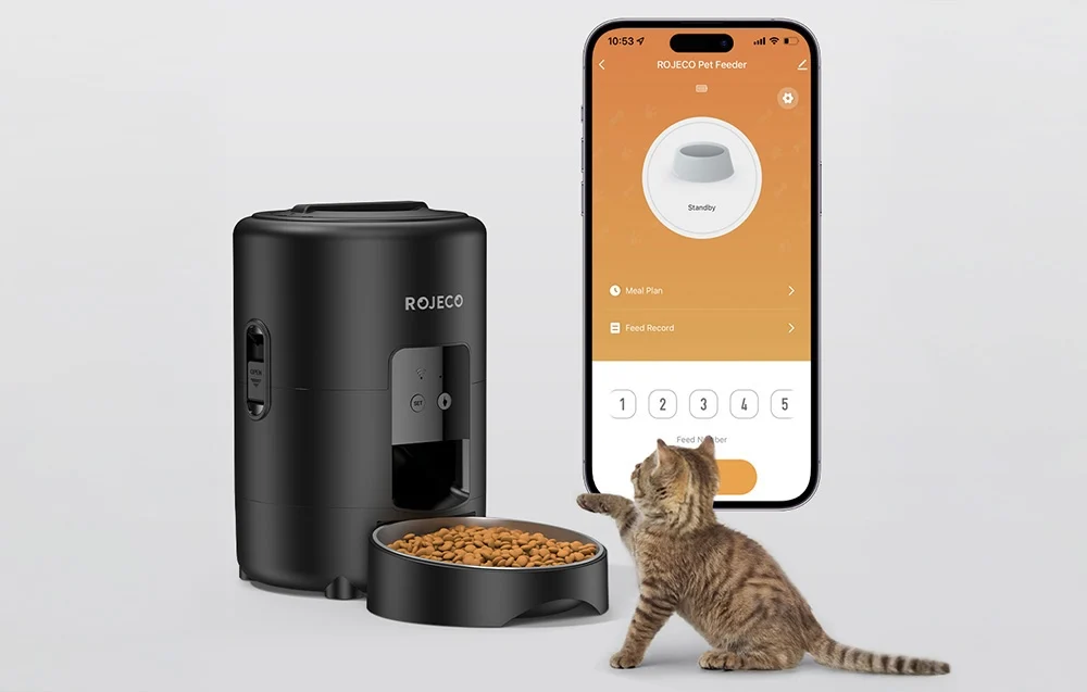 Cat at the black food dispenser, and next to it a smartphone with the app for its management enabled