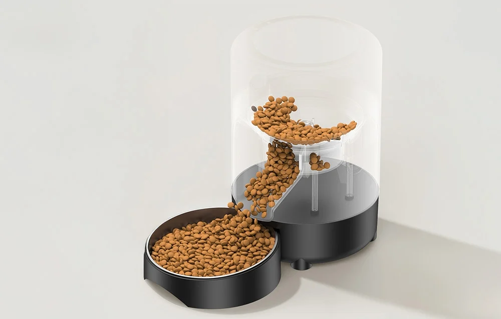 Transparent container of the food dispenser with the mechanism for dispensing food into the bowl visible