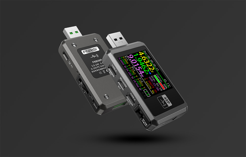 USB tester with a screen on one side and technical data on the other
