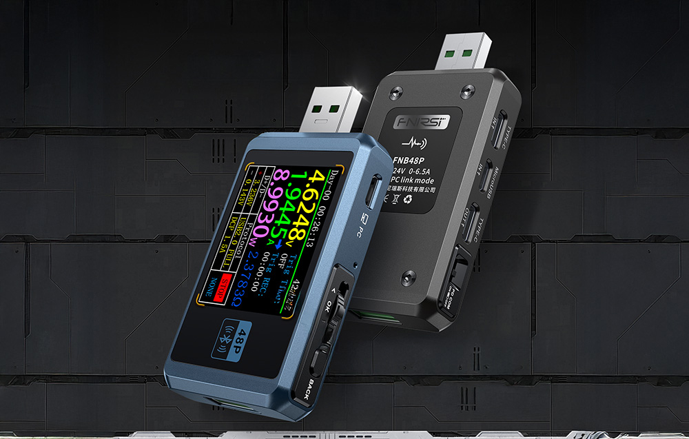 Two USB testers with a screen on one side and technical data on the other