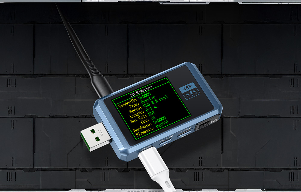 USB tester with display showing data for cable connected via USB-C