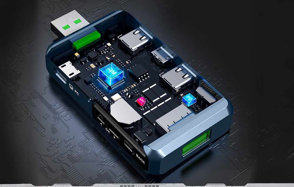 USB tester with visible internal electronics and various types of connectors