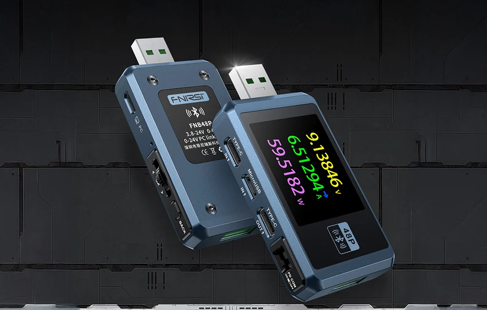 Two USB testers with a screen on one side and technical data on the other