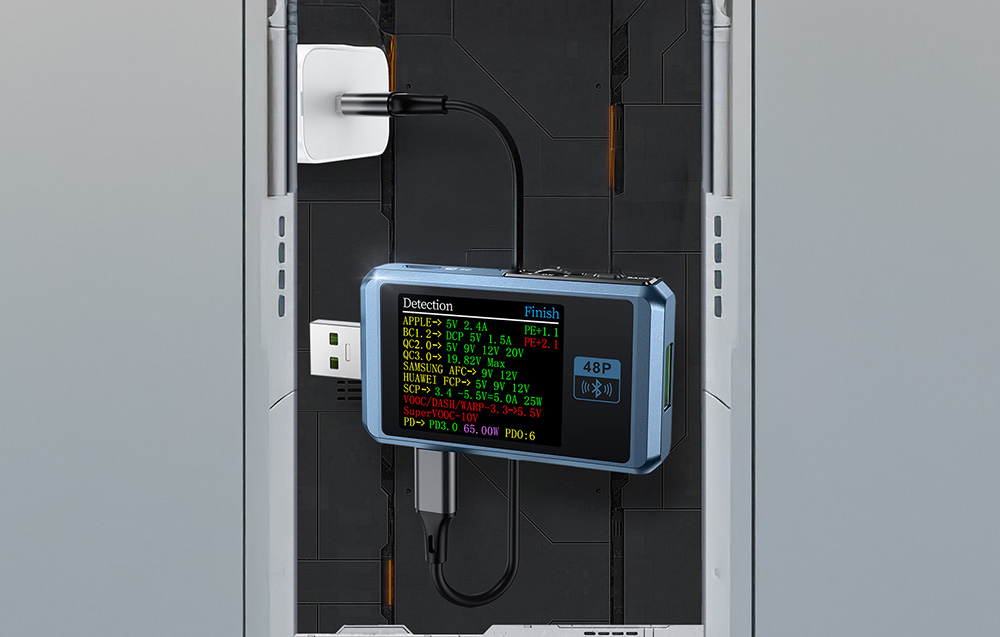 USB tester connected to a mains charger, detecting power protocols