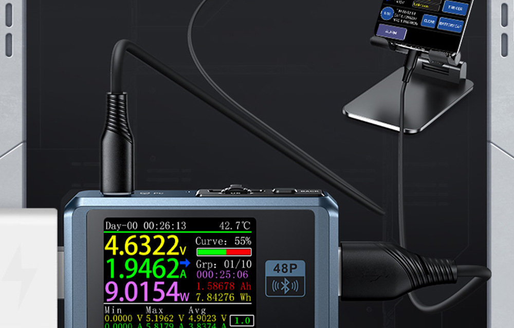 Close-up of USB tester with cables connected and screen showing data