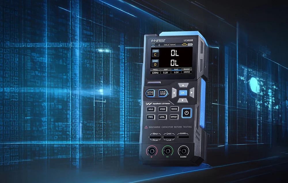 LCR meter standing on a futuristic dark background with blue elements